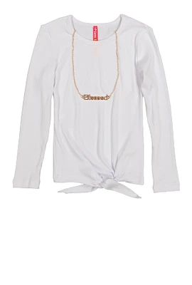 Little Girls Tie Front Top with Graphic Chain Necklace, White, Size 6X