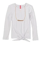 Little Girls Tie Front Top with Graphic Chain Necklace, White, Size 6X