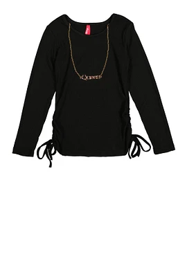 Little Girls Ruched Long Sleeve Top with Necklace, Black, Size 4