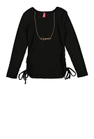 Little Girls Ruched Long Sleeve Top with Necklace, Black, Size 4