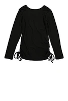 Little Girls Ruched Long Sleeve Top with Necklace, Black, Size 4