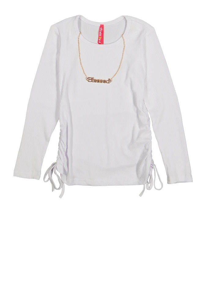 Little Girls Ruched Long Sleeve Top with Necklace, White, Size 4