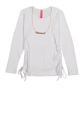 Little Girls Ruched Long Sleeve Top with Necklace, White, Size 4
