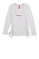 Little Girls Ruched Long Sleeve Top with Necklace, White, Size 4
