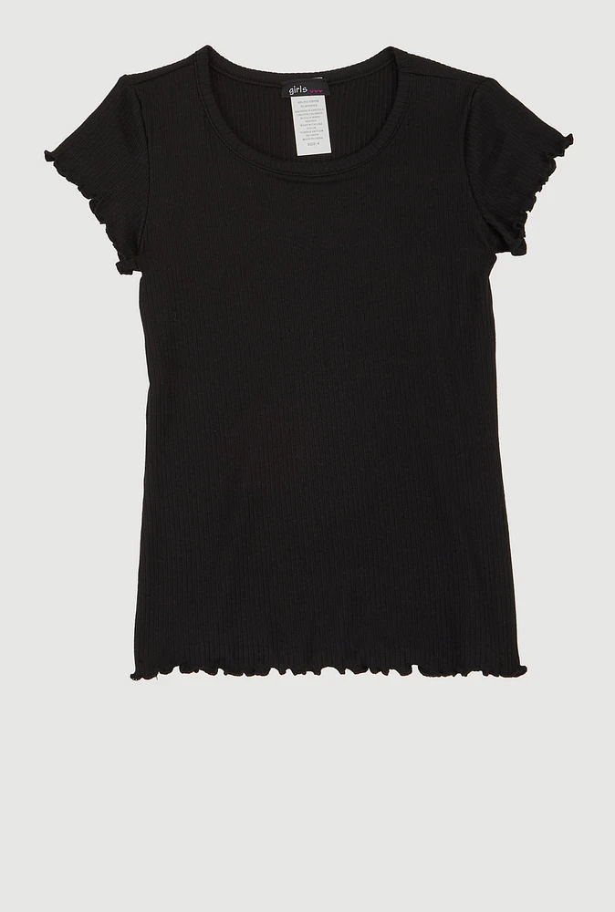 Little Girls Lettuce Edge Ribbed Knit Tee, Black, Size 4