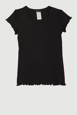 Little Girls Lettuce Edge Ribbed Knit Tee, Black, Size 4