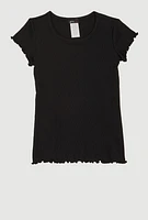 Little Girls Lettuce Edge Ribbed Knit Tee, Black, Size 4