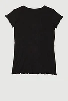 Little Girls Lettuce Edge Ribbed Knit Tee, Black, Size 4