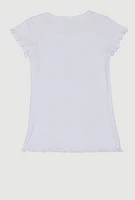 Little Girls Lettuce Edge Ribbed Knit Tee, White, Size 5-6