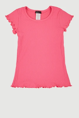 Little Girls Lettuce Edge Ribbed Knit Tee, Pink, Size 6X