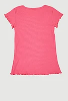 Little Girls Lettuce Edge Ribbed Knit Tee, Pink, Size 6X