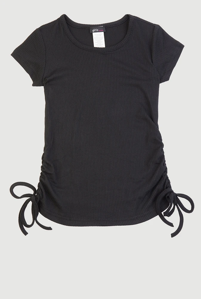Little Girls Ribbed Knit Side Ruched Tee,