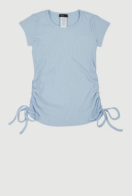 Little Girls Ribbed Knit Side Ruched Tee, Blue, Size 5-6