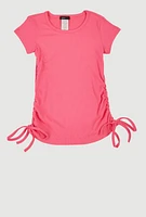 Little Girls Ribbed Knit Side Ruched Tee, Pink, Size 5-6