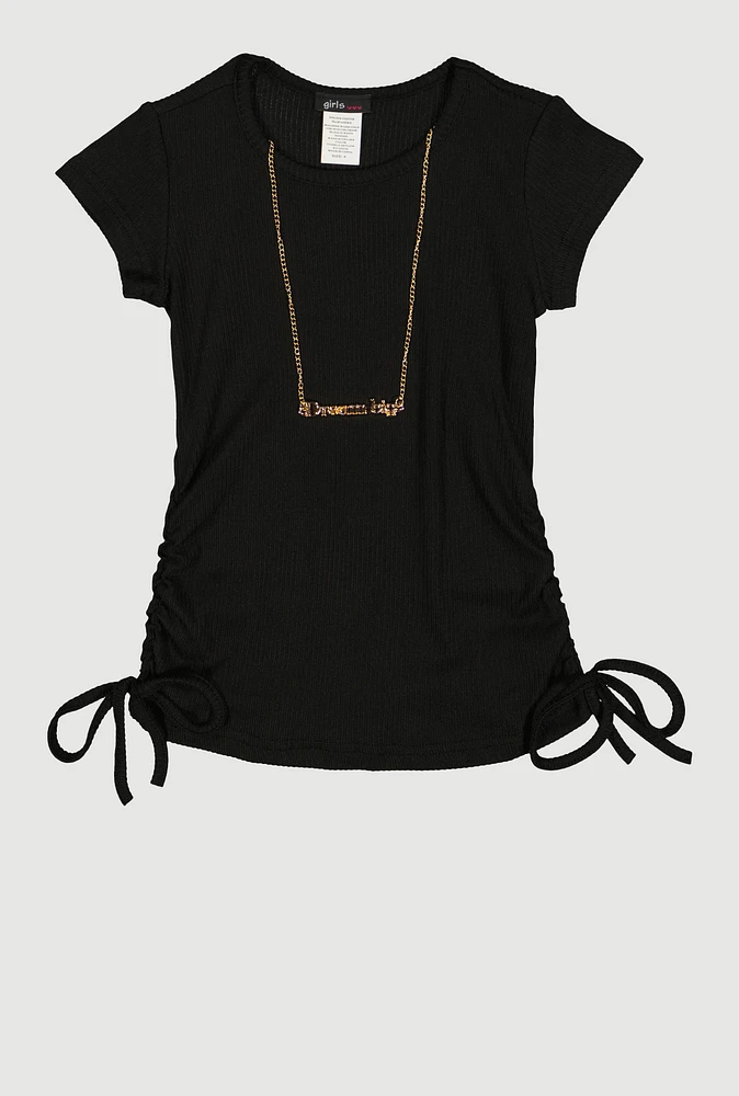 Little Girls Ribbed Knit Ruched Side Top with Necklace,