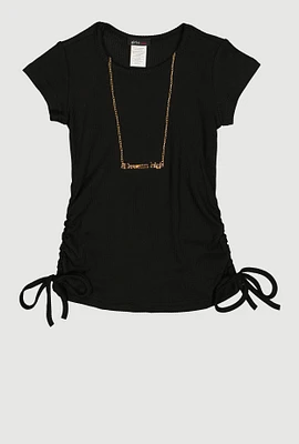 Little Girls Ribbed Knit Ruched Side Top with Necklace,