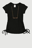 Little Girls Ribbed Knit Ruched Side Top with Necklace,