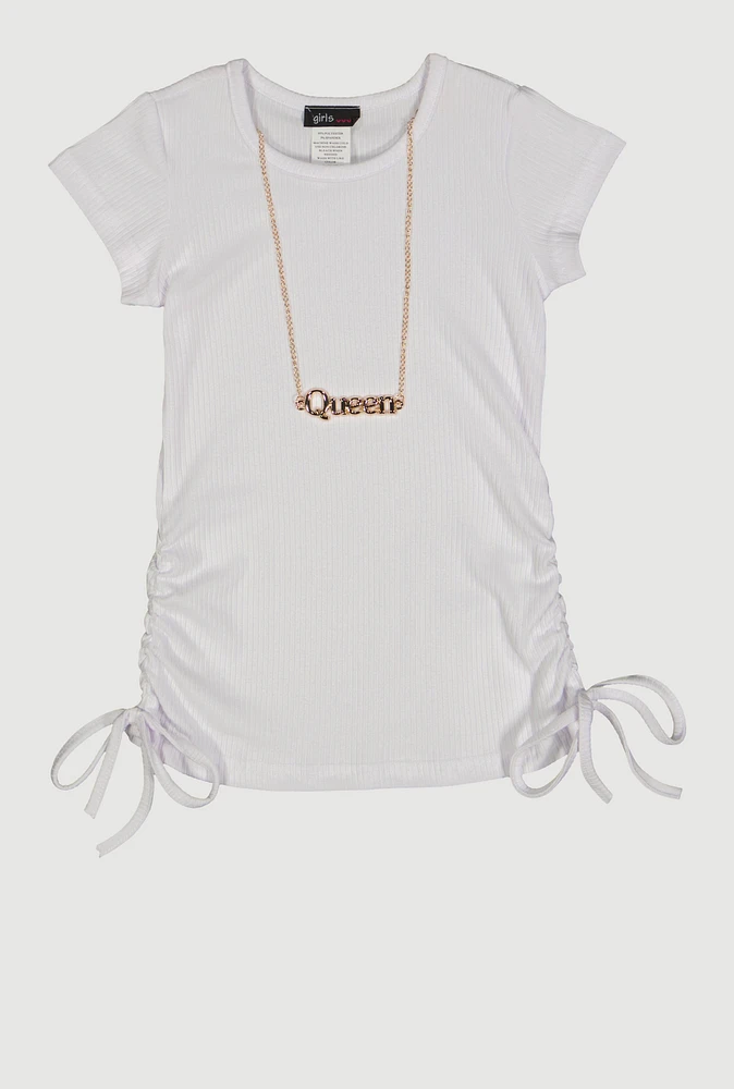 Little Girls Ribbed Knit Ruched Side Top with Necklace, White, Size 6X