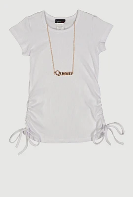 Little Girls Ribbed Knit Ruched Side Top with Necklace, White, Size 6X