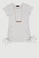 Little Girls Ribbed Knit Ruched Side Top with Necklace, White, Size 6X