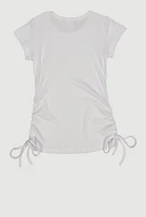 Little Girls Ribbed Knit Ruched Side Top with Necklace, White, Size 6X