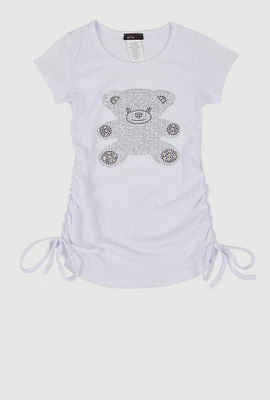 Little Girls Rhinestone Teddy Bear Graphic Top, White, Size 4