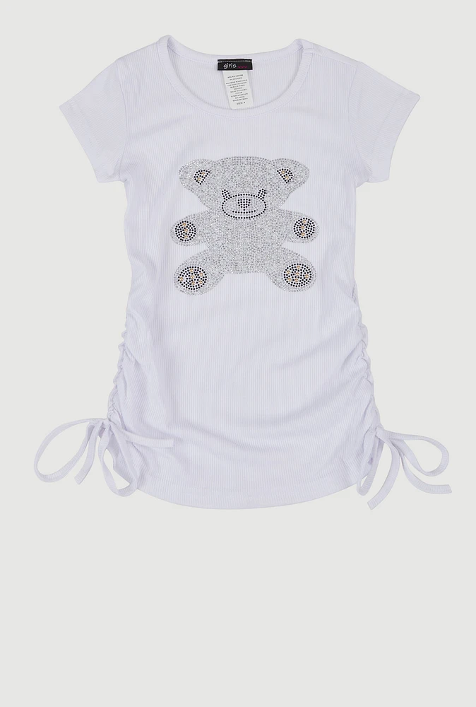 Little Girls Rhinestone Teddy Bear Graphic Top, White, Size 4