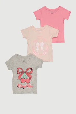 Little Girls Cherry Vibes Glitter Graphic Tees 3 Pack, Pink, Size 4