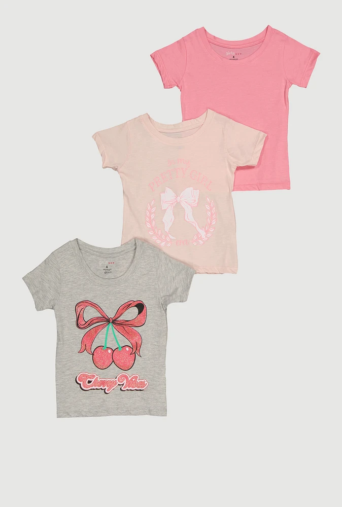 Little Girls Cherry Vibes Glitter Graphic Tees 3 Pack, Pink, Size 6X