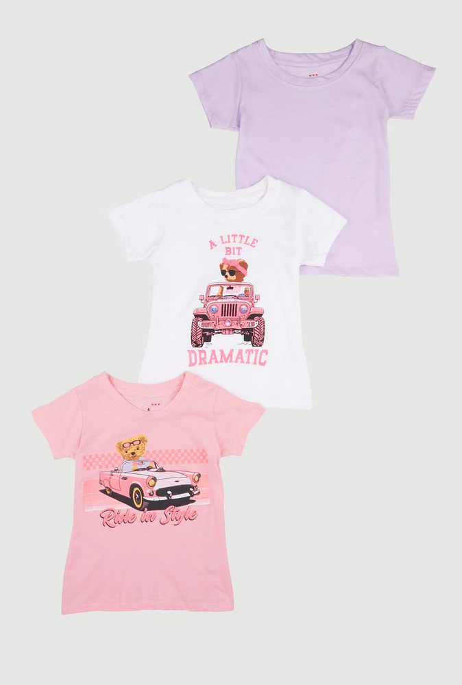 Little Girls Ride In Style Bear Graphic Tees 3 Pack, Multi, Size 5-6