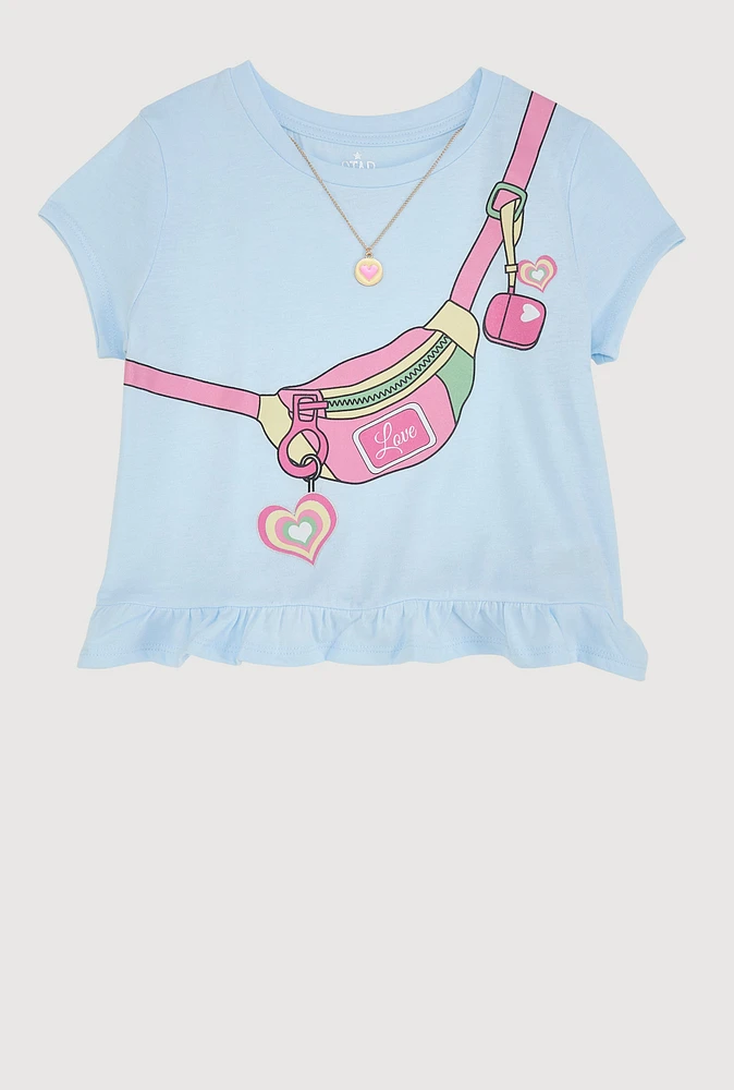 Girls Fanny Pack Graphic Tee with Necklace, Blue, Size 10-12