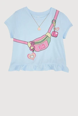 Girls Fanny Pack Graphic Tee with Necklace, Blue, Size 14-16