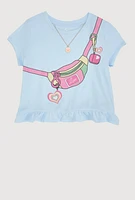 Girls Fanny Pack Graphic Tee with Necklace, Blue, Size 14-16