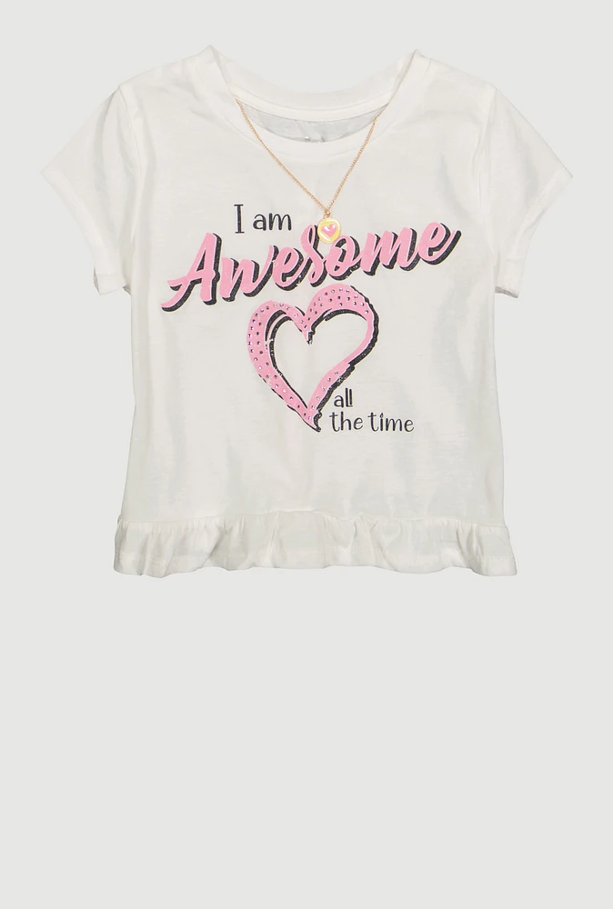 Girls I am Awesome Graphic Tee with Necklace, White, Size 7-8
