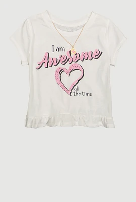 Girls I am Awesome Graphic Tee with Necklace, White, Size 7-8