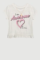Girls I am Awesome Graphic Tee with Necklace, White, Size 7-8