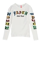 Girls Faith Over Fear Long Sleeve Top, White, Size 10-12