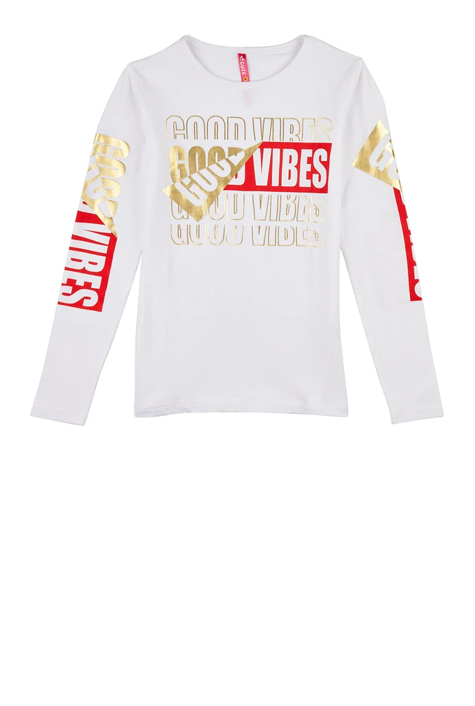 Girls Foil Good Vibes Graphic Top, White, Size 10-12