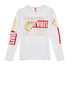 Girls Foil Good Vibes Graphic Top, White, Size 10-12