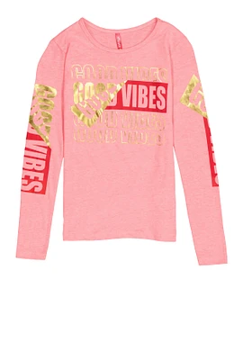 Girls Foil Good Vibes Graphic Top, Pink, Size 10-12