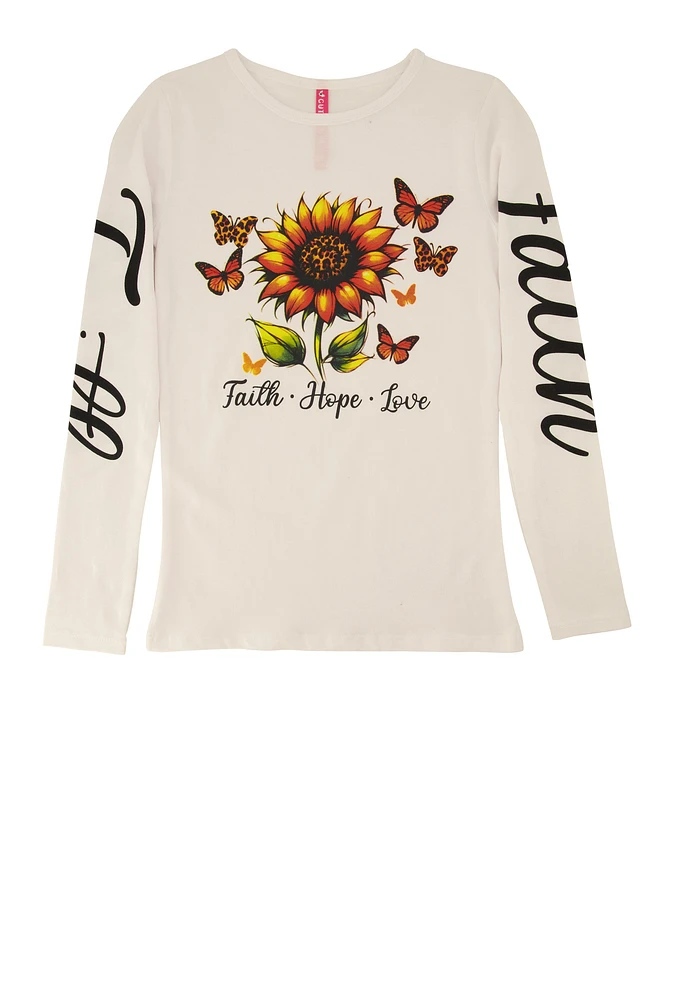 Girls Faith Sunflower Graphic Top, White, Size 10-12