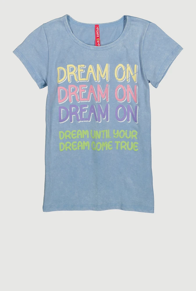 Girls Dream On Acid Wash Graphic Tee, Blue,