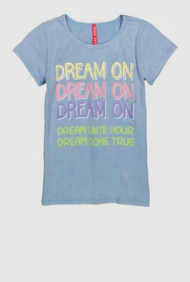 Girls Dream On Acid Wash Graphic Tee, Blue,