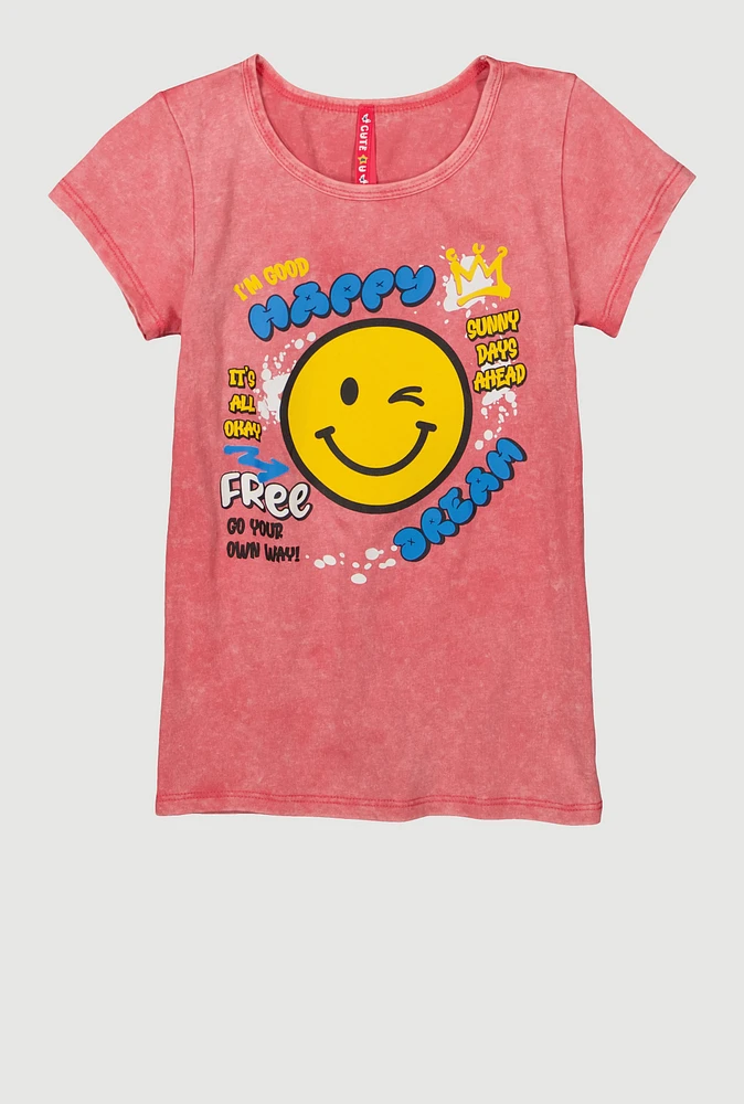 Girls Acid Wash Smiley Graphic Tee, Pink, Size 10-12