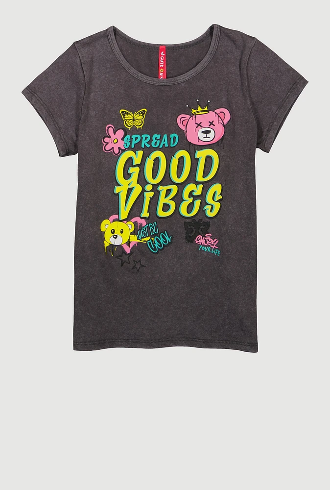 Girls Spread Good Vibes Graffiti Graphic Tee, Grey, Size 7-8