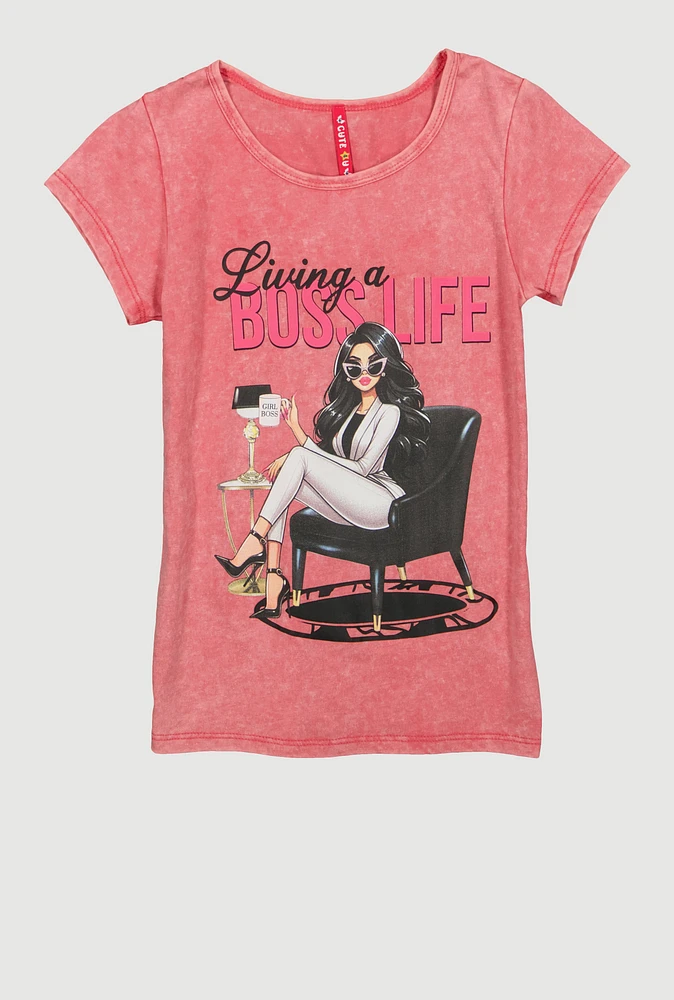 Girls Living A Boss Life Graphic Tee, Pink, Size 7-8