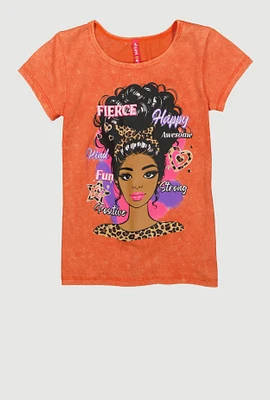 Girls Acid Wash Fierce Graphic Tee, Orange,