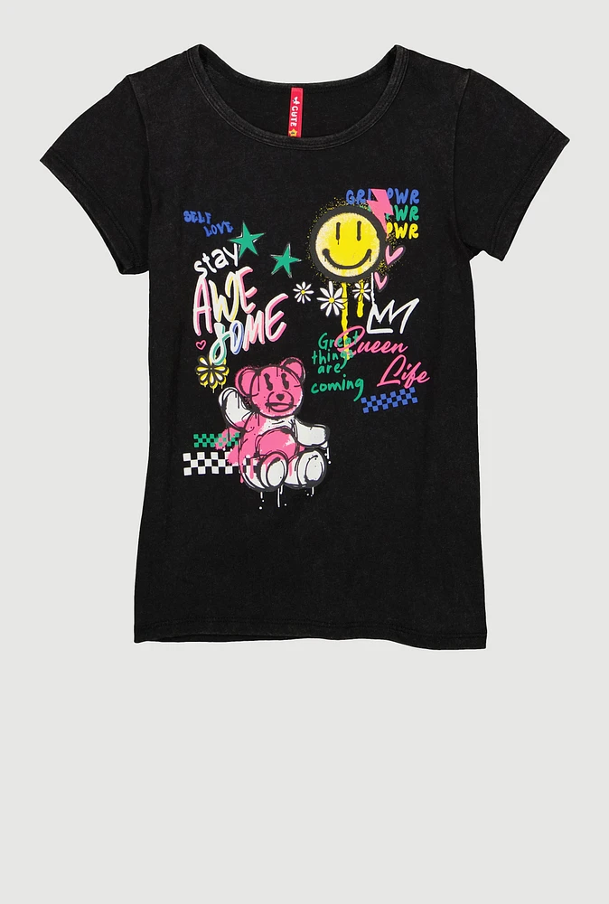 Girls Graffiti Graphic Short Sleeve Top, Black, Size 14-16