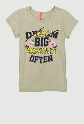 Girls Acid Wash Dream Big Rose Graphic Tee,