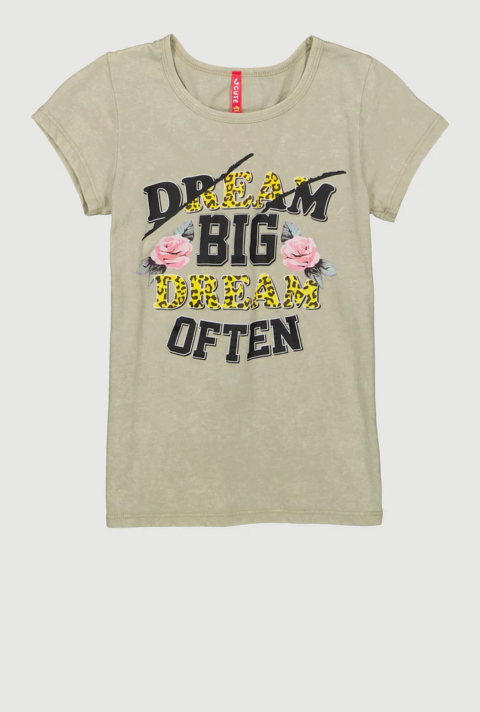 Girls Acid Wash Dream Big Rose Graphic Tee, Green,